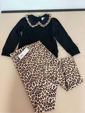 Janie and Jack Black Top w/Leopard Print Collar & Leopard Print Pant